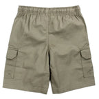 Khaki boys cargo shorts with elastic waistband, back view
