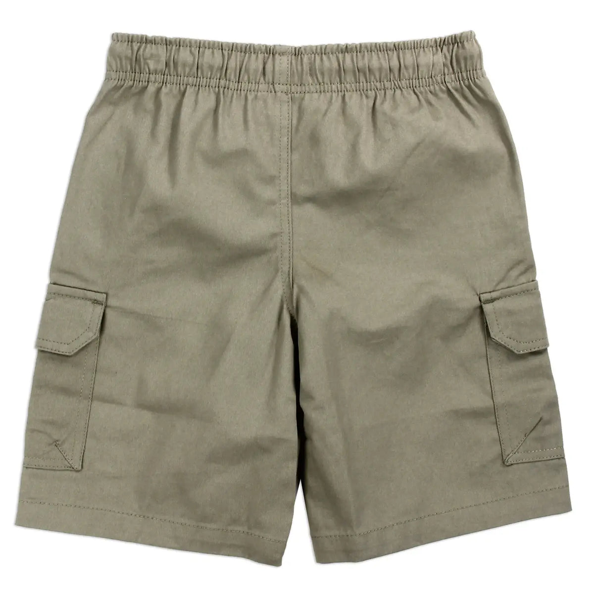 Khaki boys cargo shorts with elastic waistband, back view