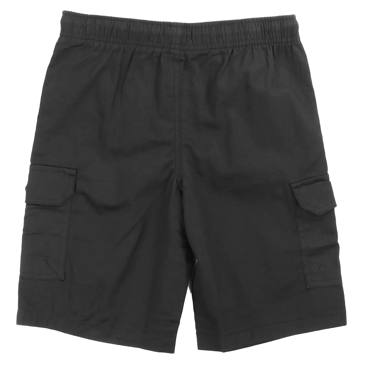 Black boys cargo shorts with elastic waist and side cargo pockets, back view