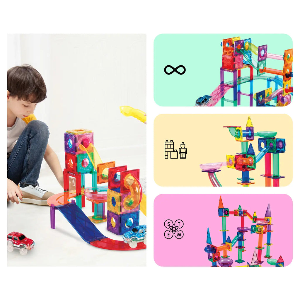 Child building a magnetic tile marble run and track, with example build ideas