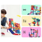 Child building a magnetic tile marble run and track, with example build ideas