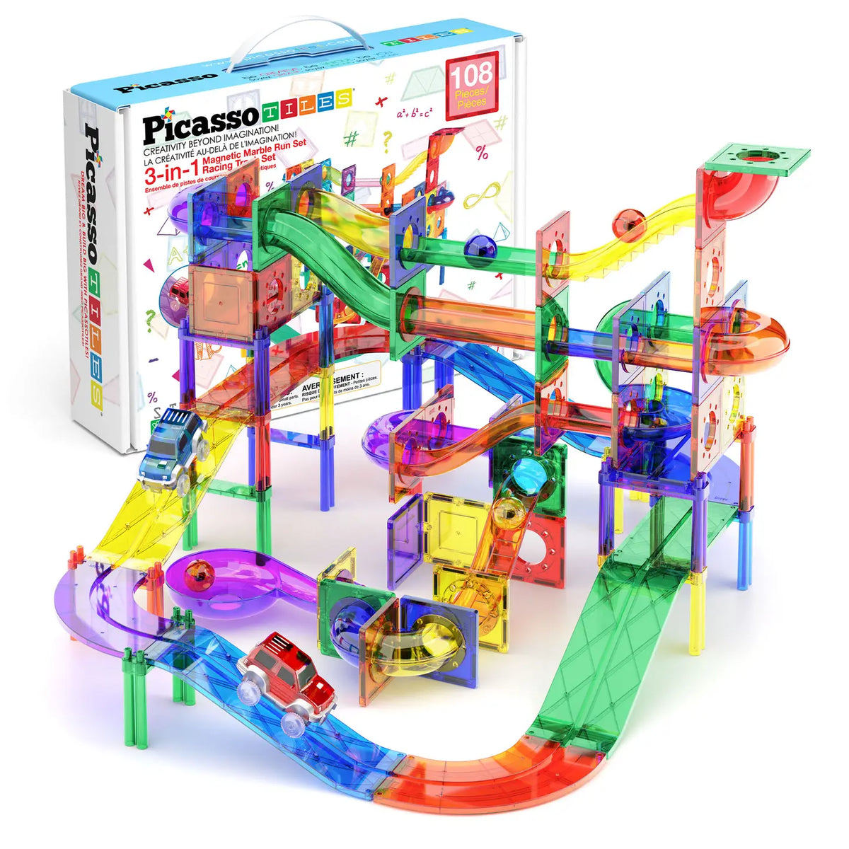 PicassoTiles 108-piece magnetic marble run and race track built with box shown