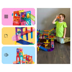 Boy with a tall PicassoTiles marble run build, plus close-ups of track pieces