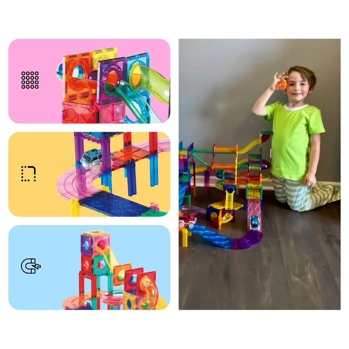 Boy with a tall PicassoTiles marble run build, plus close-ups of track pieces