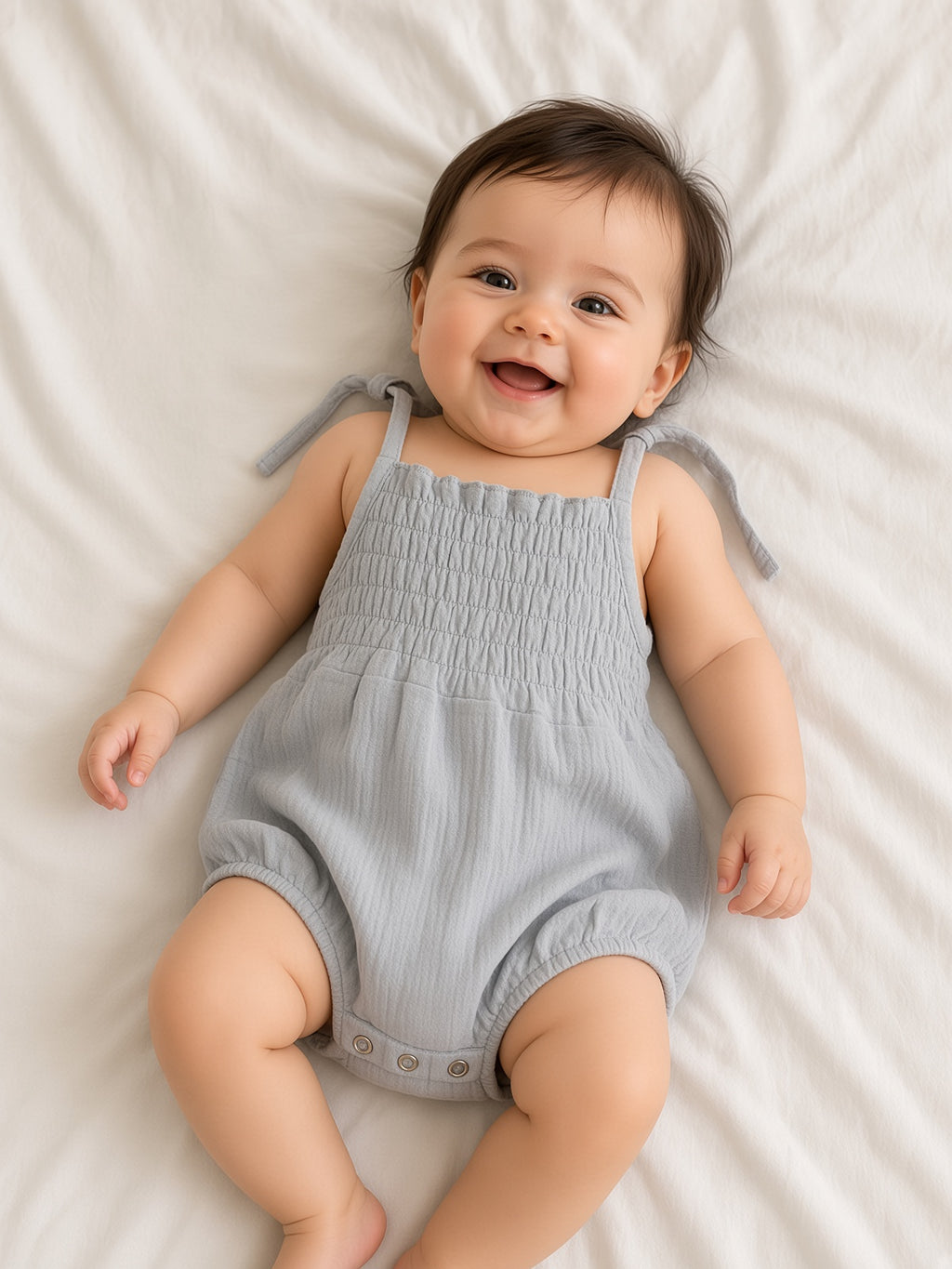 Baby wearing a gray smocked Libby bubble romper with tie shoulder straps