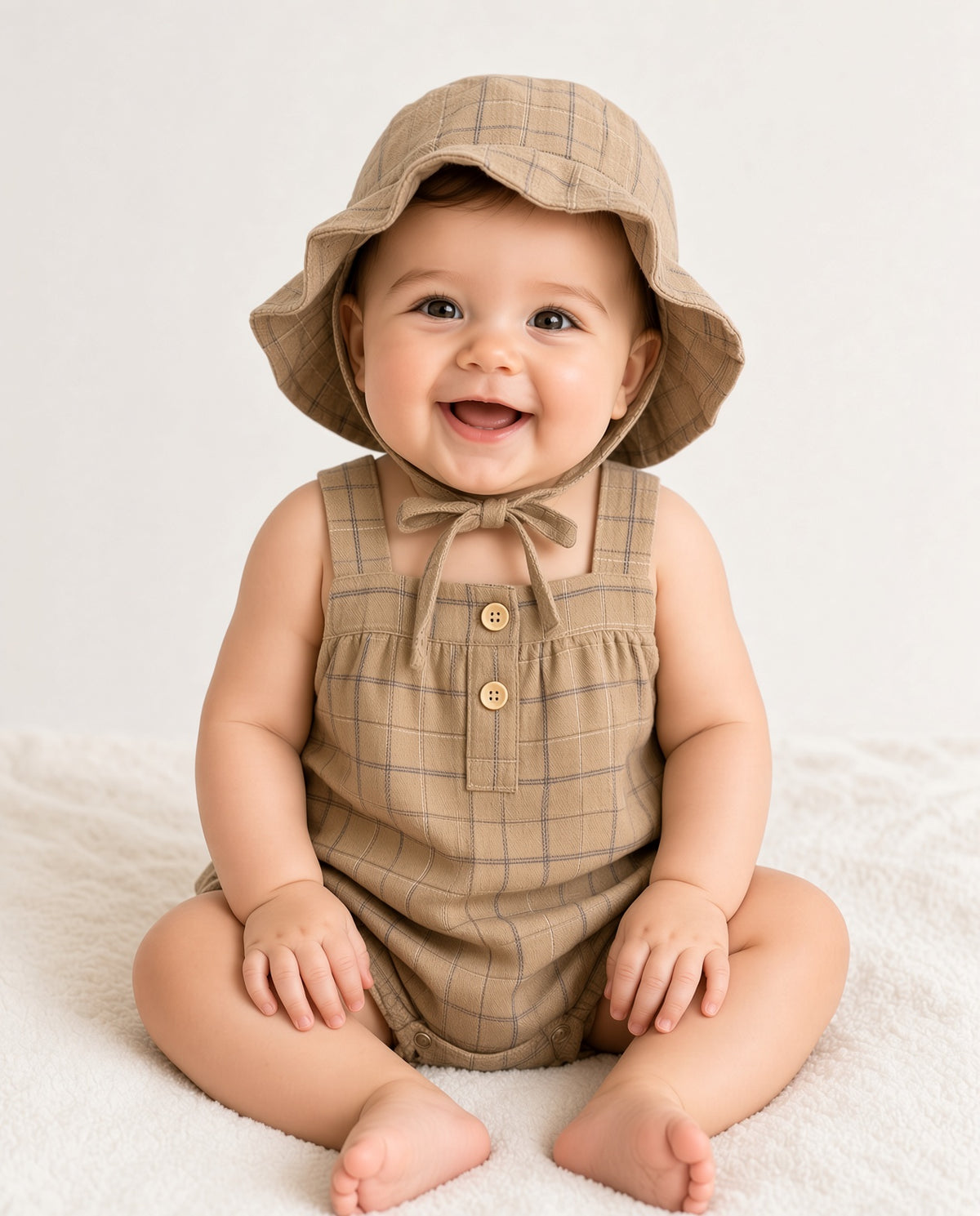Baby wearing a brown plaid sleeveless romper with matching bonnet-style hat