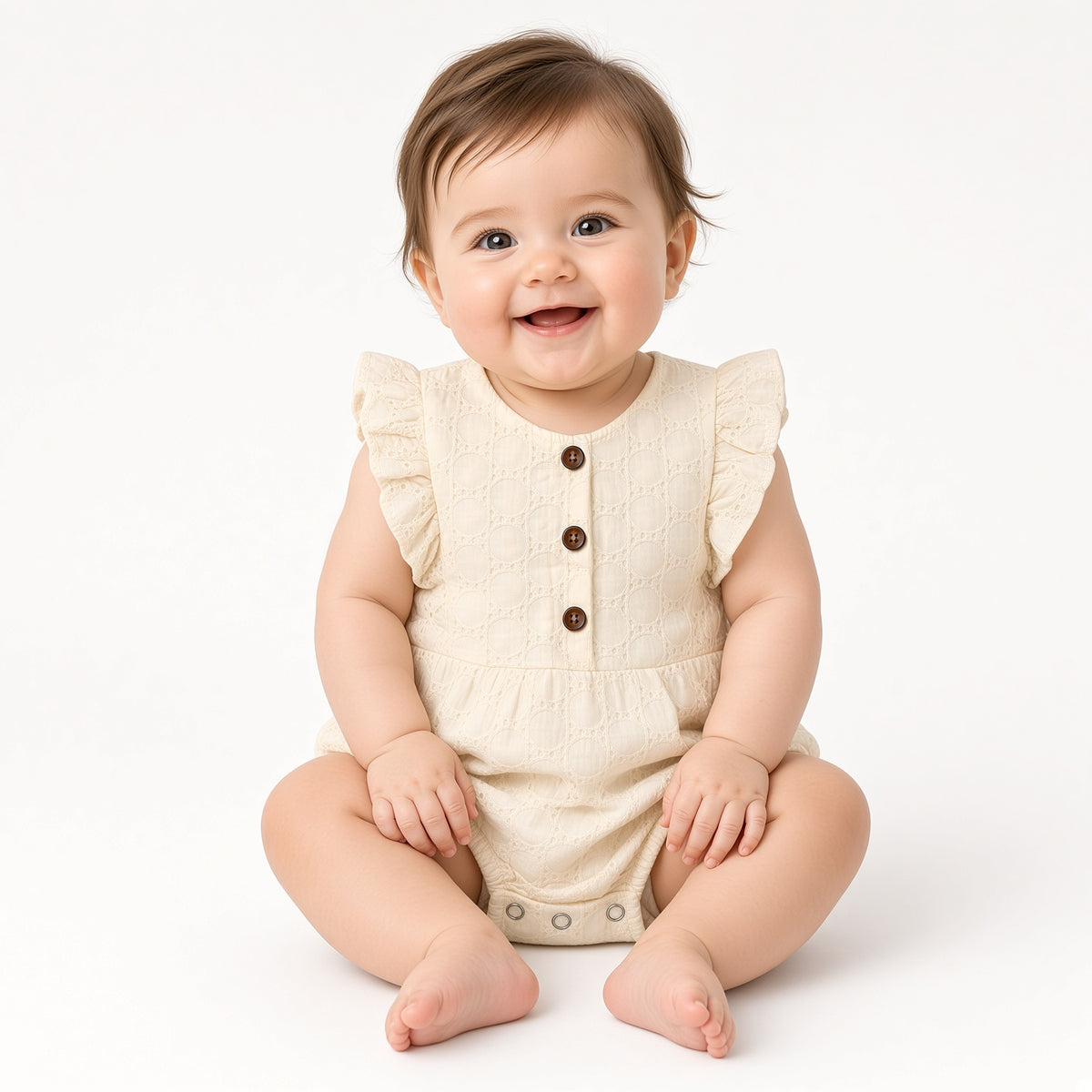 Smiling baby sitting in a cream eyelet flutter-sleeve bubble romper with brown buttons