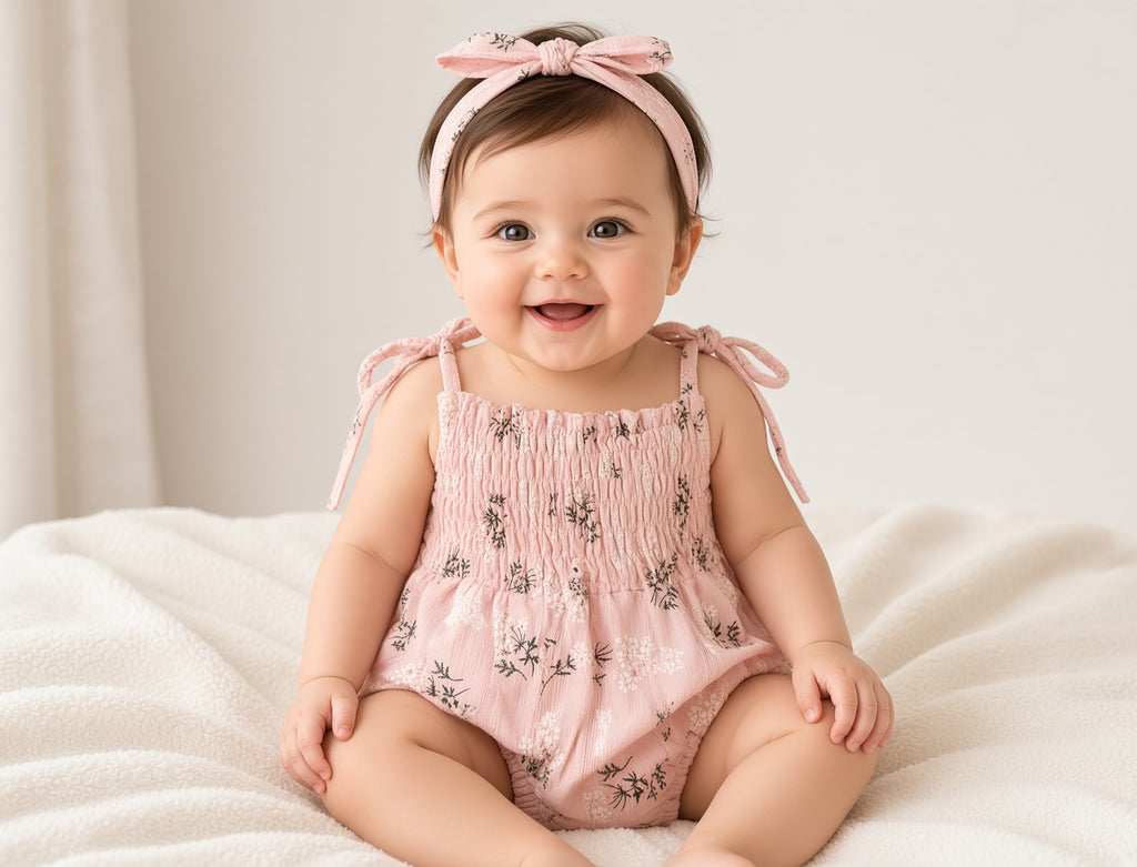 Baby wearing the pink floral Libby romper with tie straps and matching headband