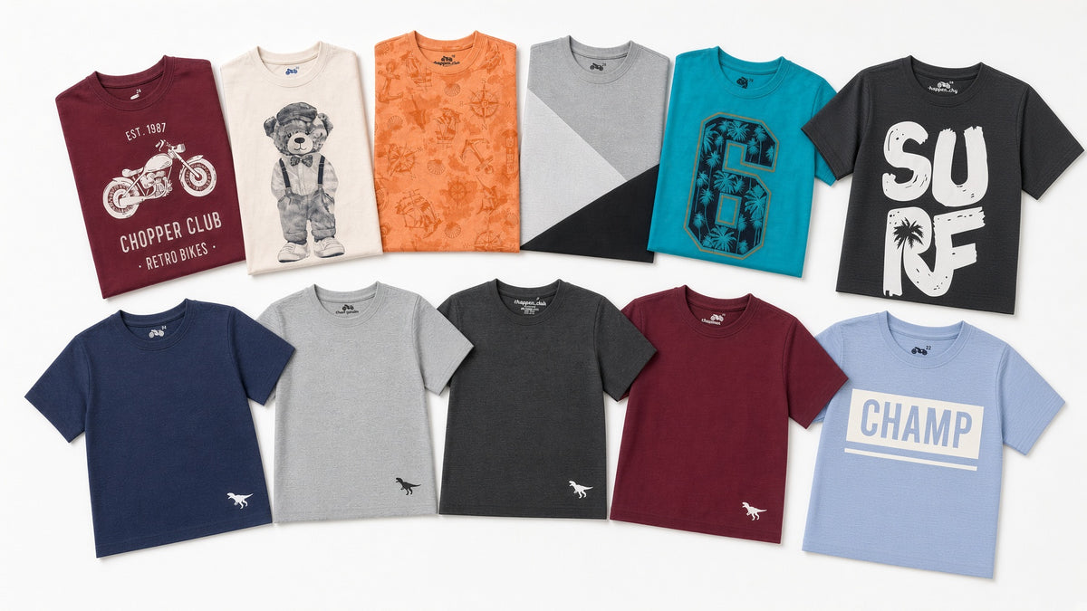 Assortment of boys graphic and solid tees including Chopper Club, bear, nautical, and SURF