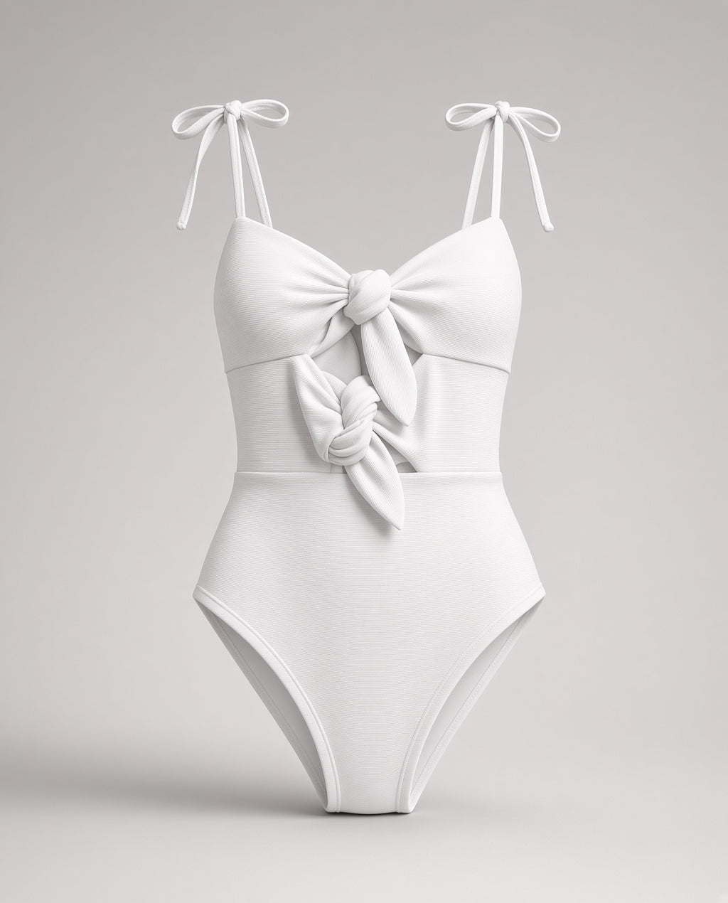 Girls white ribbed bow one-piece swimsuit with tie shoulder straps