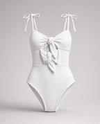 Girls white ribbed bow one-piece swimsuit with tie shoulder straps