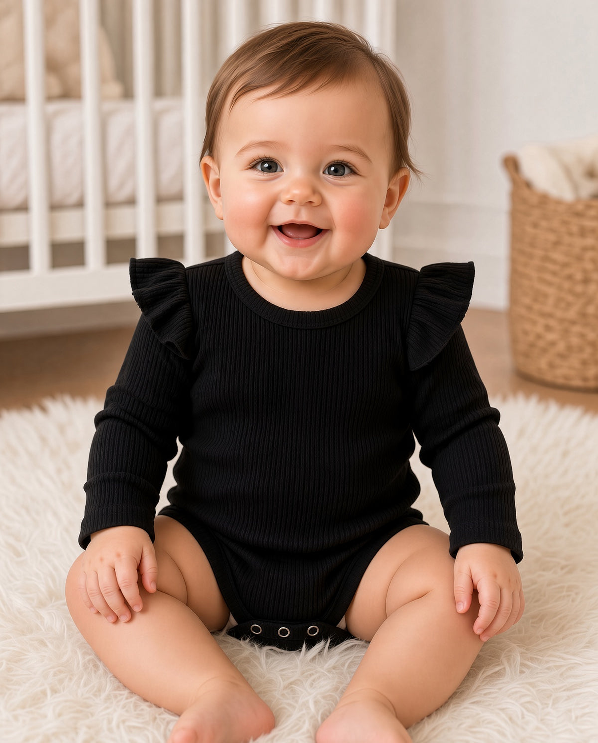 Baby wearing a black ribbed long-sleeve ruffle bodysuit