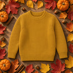 Mustard yellow chunky ribbed knit baby sweater laid flat among autumn leaves and pumpkins