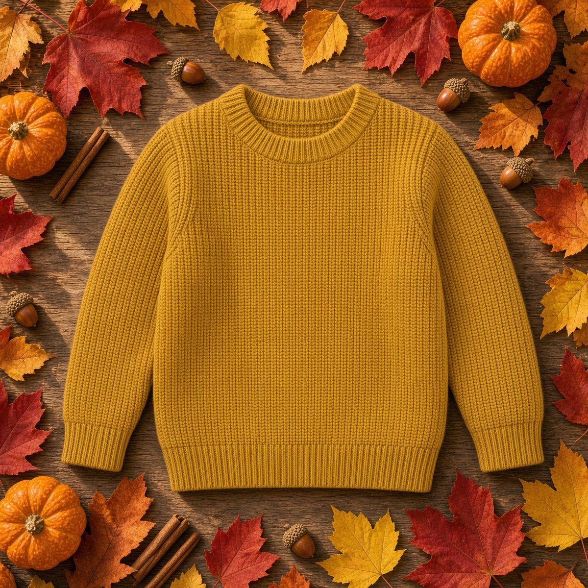 Mustard yellow chunky ribbed knit baby sweater laid flat among autumn leaves and pumpkins