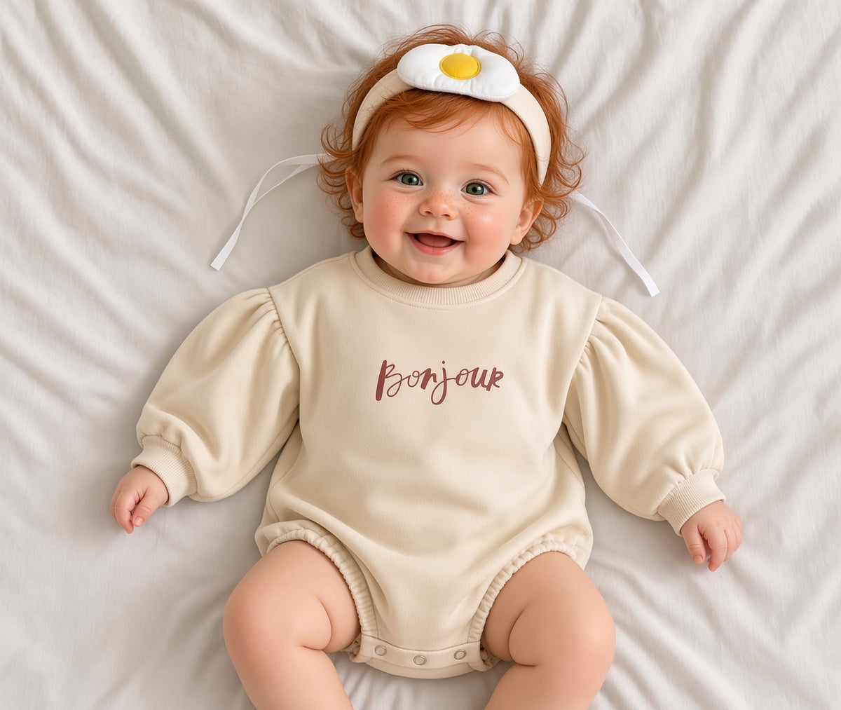 Baby wearing a cream Bonjour embroidered puff-sleeve romper with headband