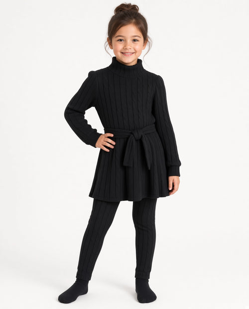Girl wearing a black stand collar long-sleeve top set with belt and black leggings