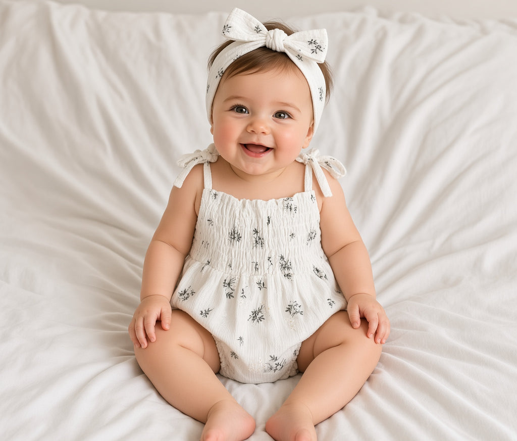 Baby wearing the white floral Libby romper with tie shoulders and bow headband