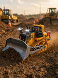 Yellow remote control track-type tractor bulldozer pushing dirt on a construction site