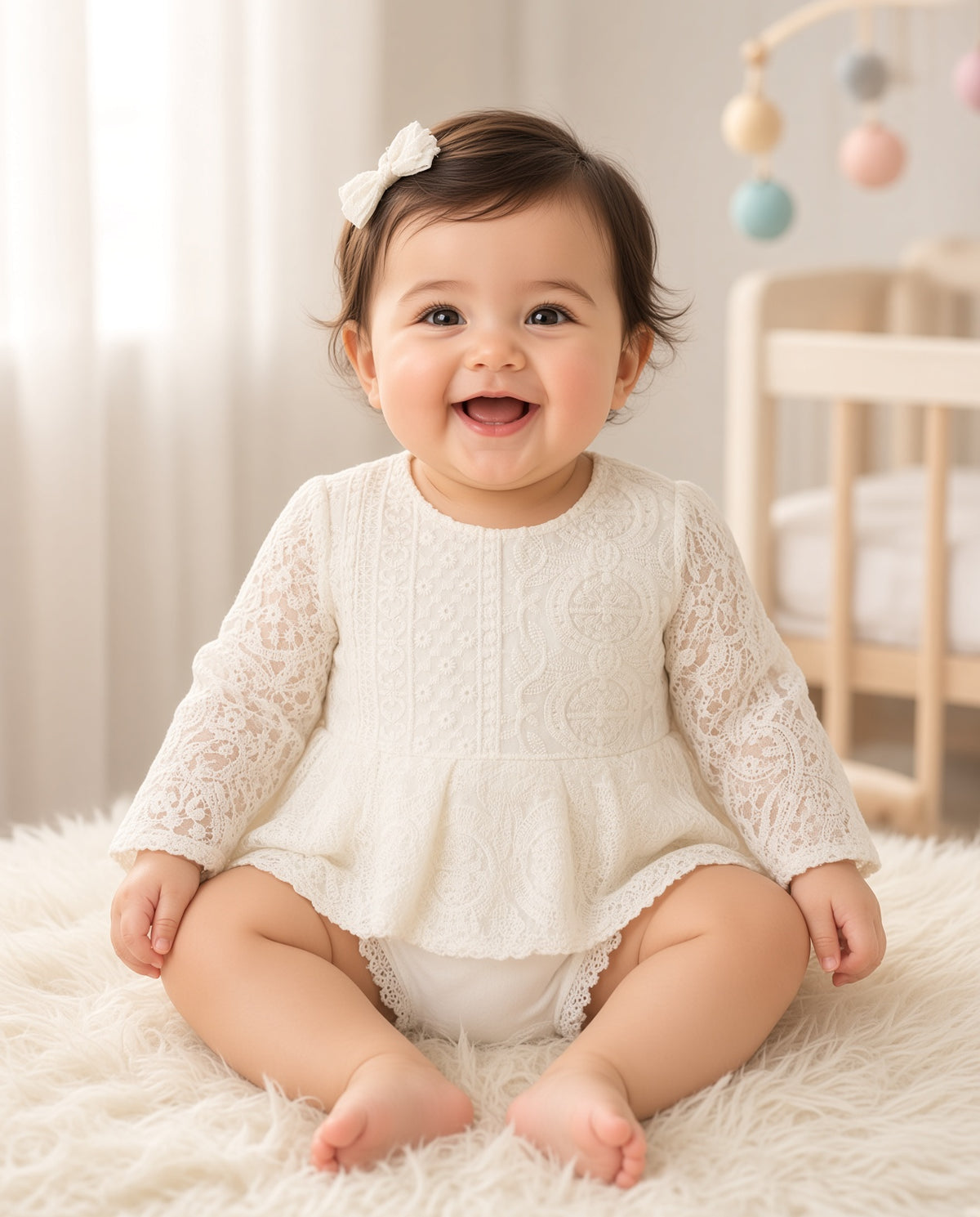 Baby wearing a white lace long-sleeve romper with bow clip