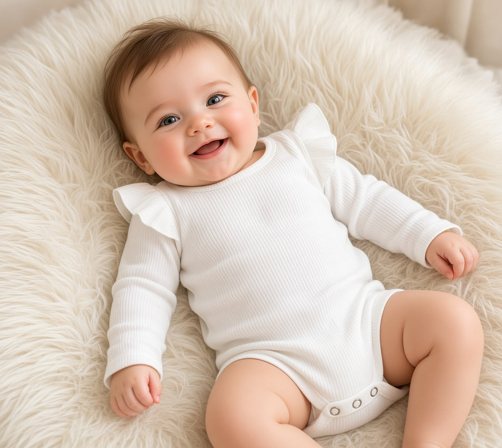 Baby in a white long-sleeve ruffle bodysuit with snap bottom