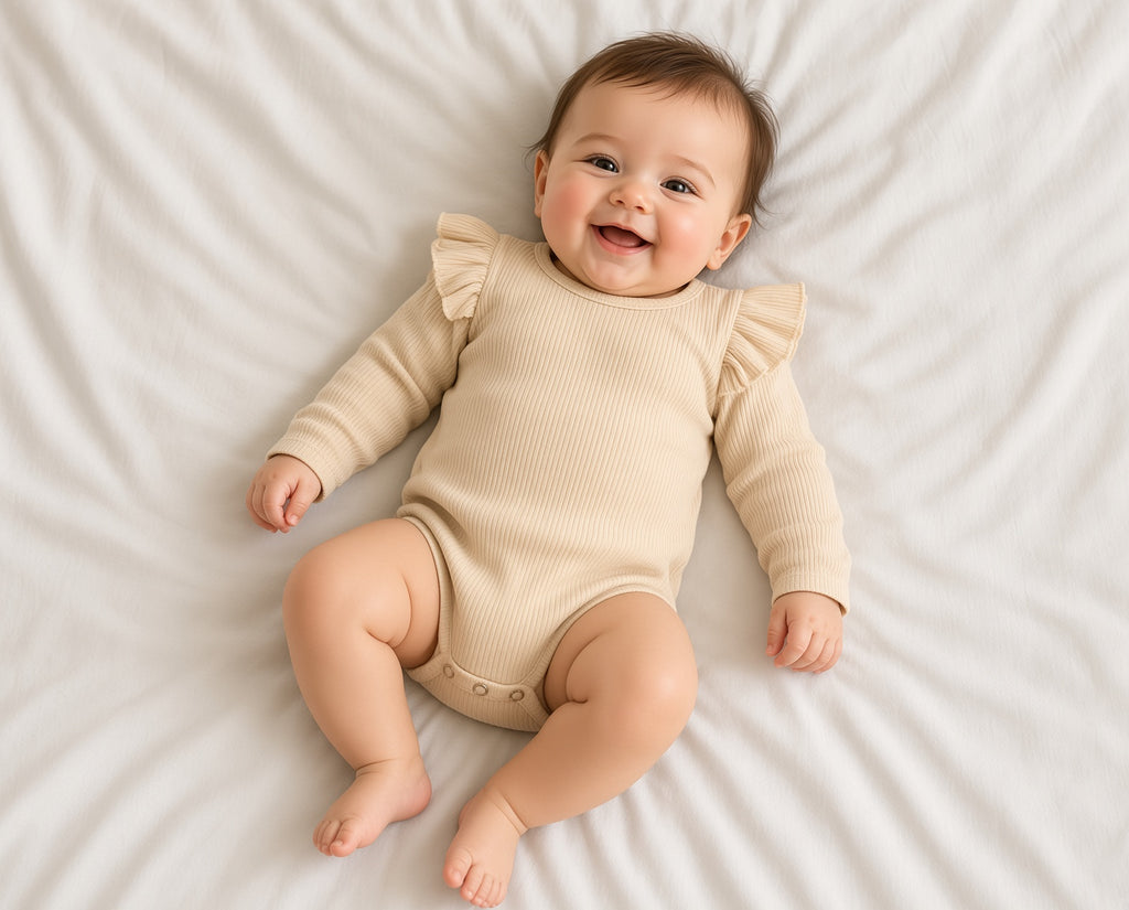 Baby in a beige ribbed long-sleeve bodysuit with ruffle shoulders