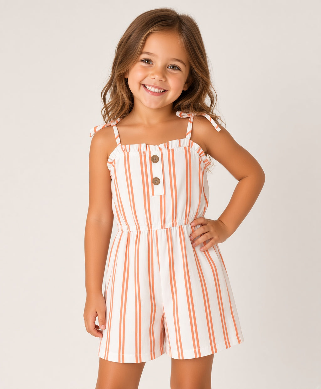 Girl wearing a white and coral-orange striped tie-shoulder cami romper with buttons