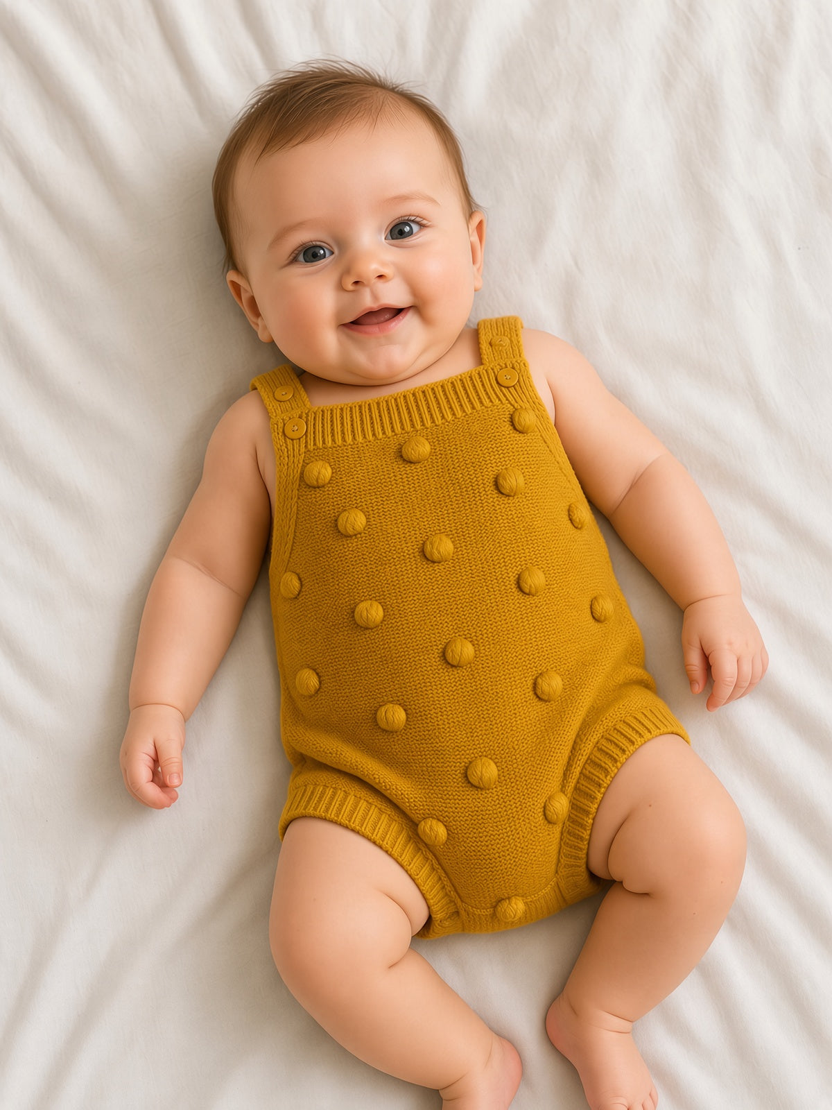 Baby wearing a gold mustard knitted bobble romper