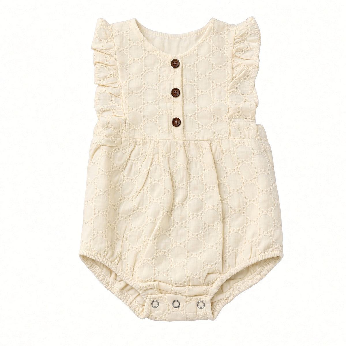 Cream eyelet bubble romper with flutter sleeves, brown front buttons, and snap bottom, front view