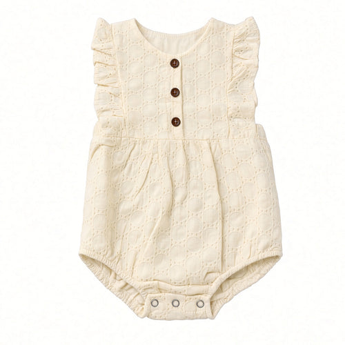 Cream eyelet bubble romper with flutter sleeves, brown front buttons, and snap bottom, front view