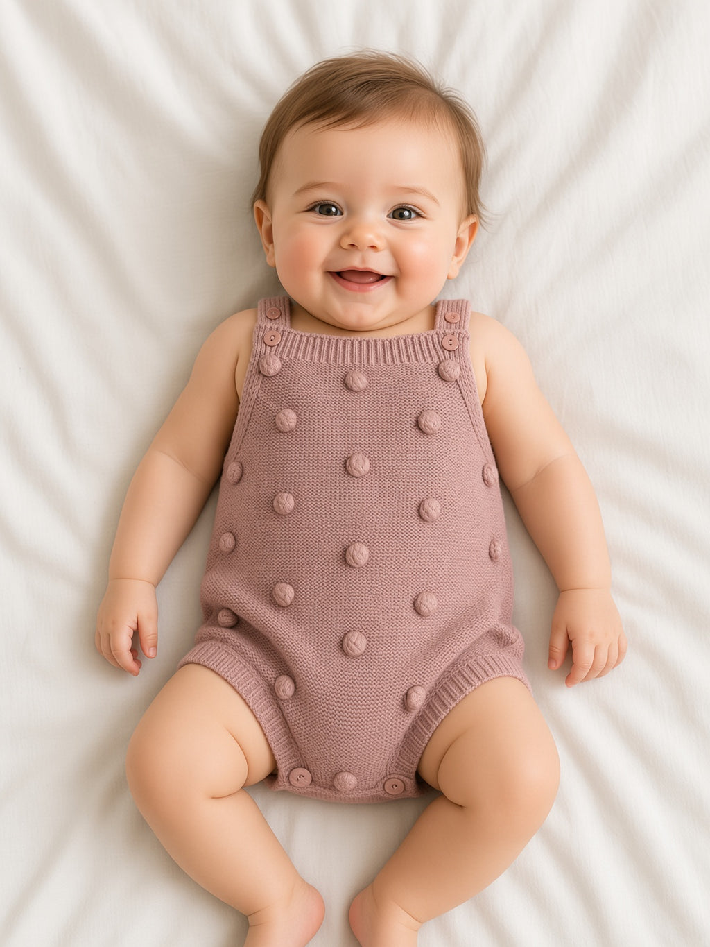 Baby wearing a dusty rose knitted bobble romper