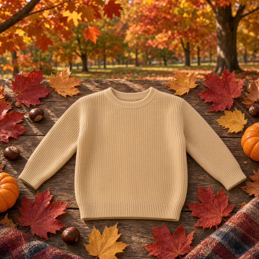 Light caramel chunky knit baby sweater laid flat on wood with fall leaves and pumpkins
