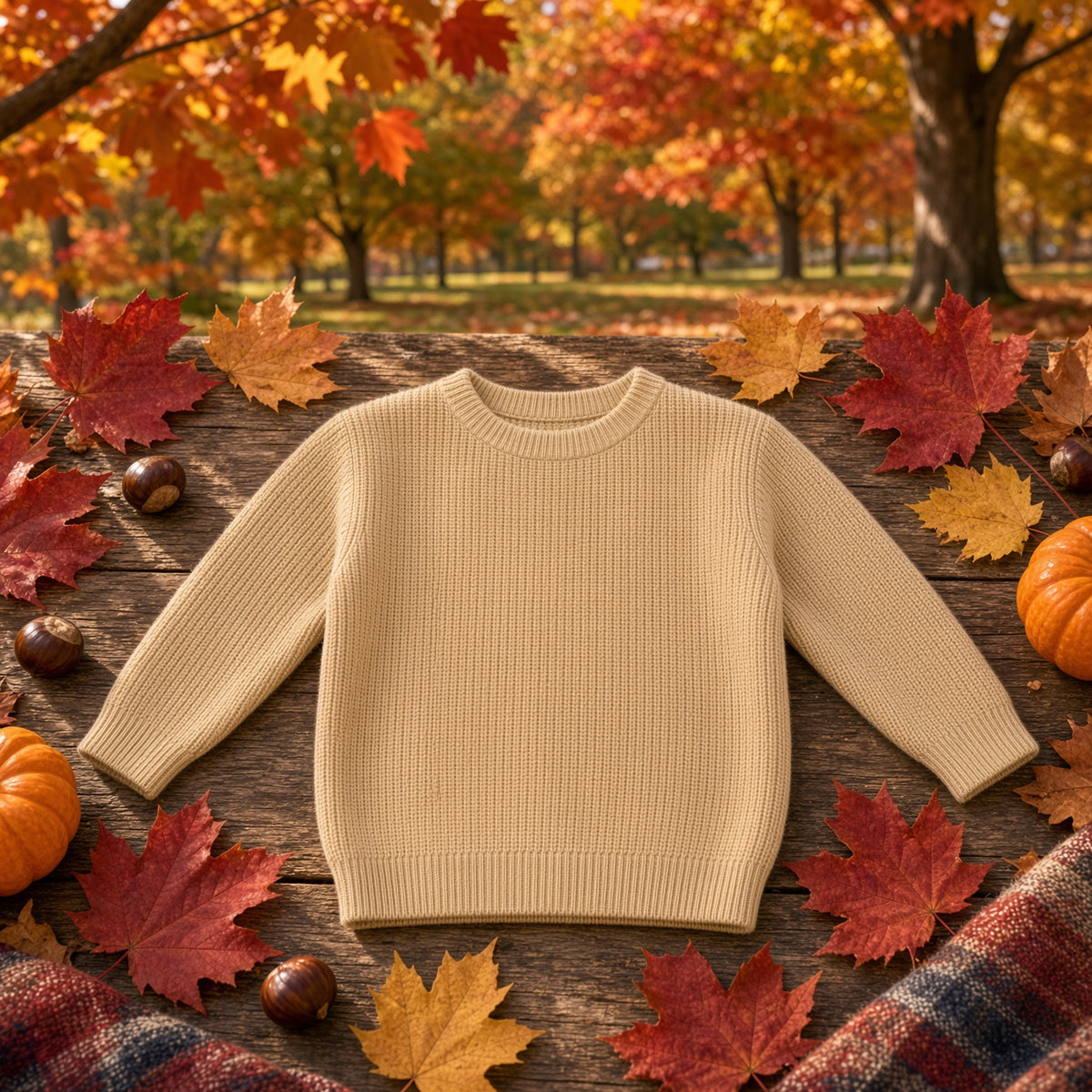 Light caramel chunky knit baby sweater laid flat on wood with fall leaves and pumpkins