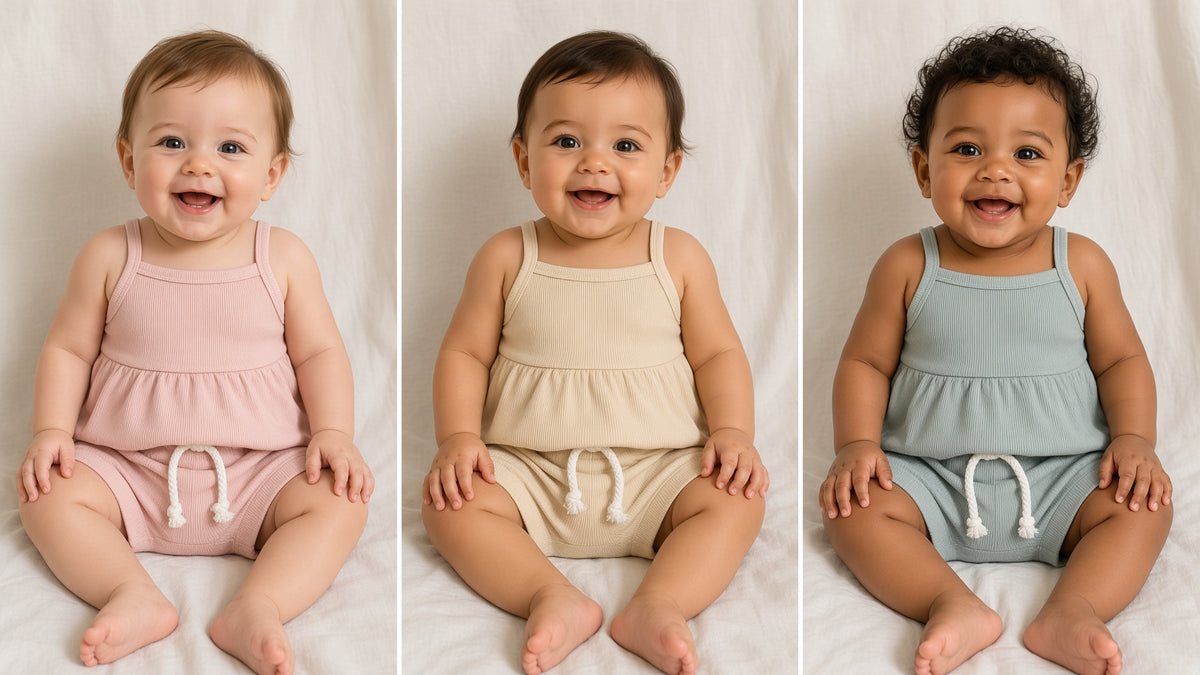 Three babies in pink, beige, and olive green two-piece bloomer sets